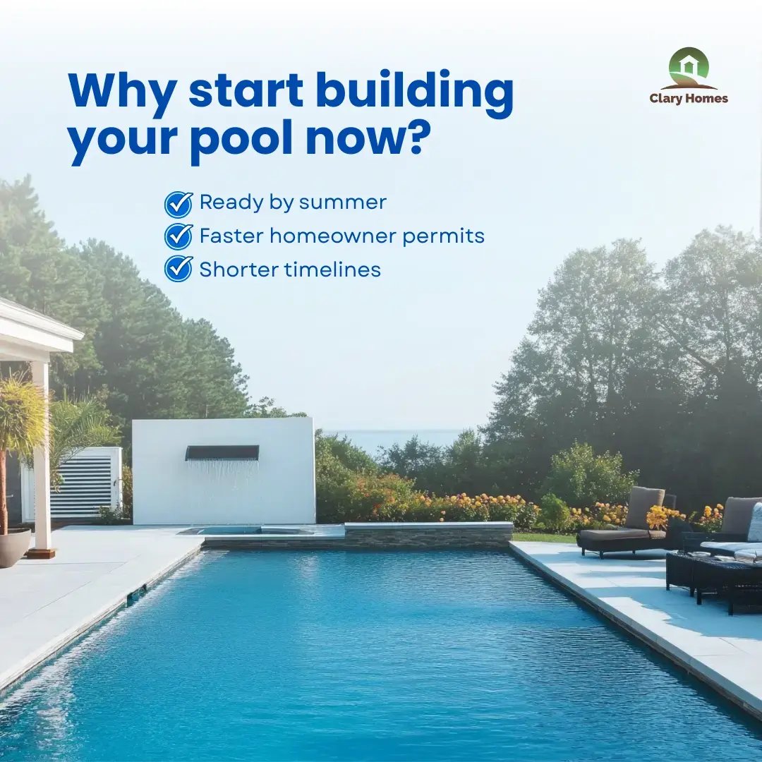 Graphic listing reasons to build a swimming pool in February: faster permits and approvals, best material availability, early preparation for summer, and less busy construction schedule.