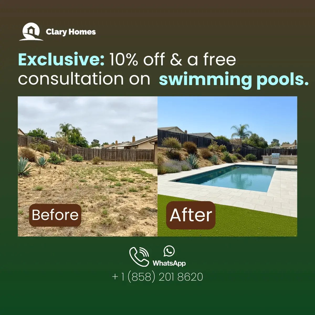 Before and after view of a San Diego backyard transformed with a custom swimming pool, showing modern landscaping and outdoor entertainment space.