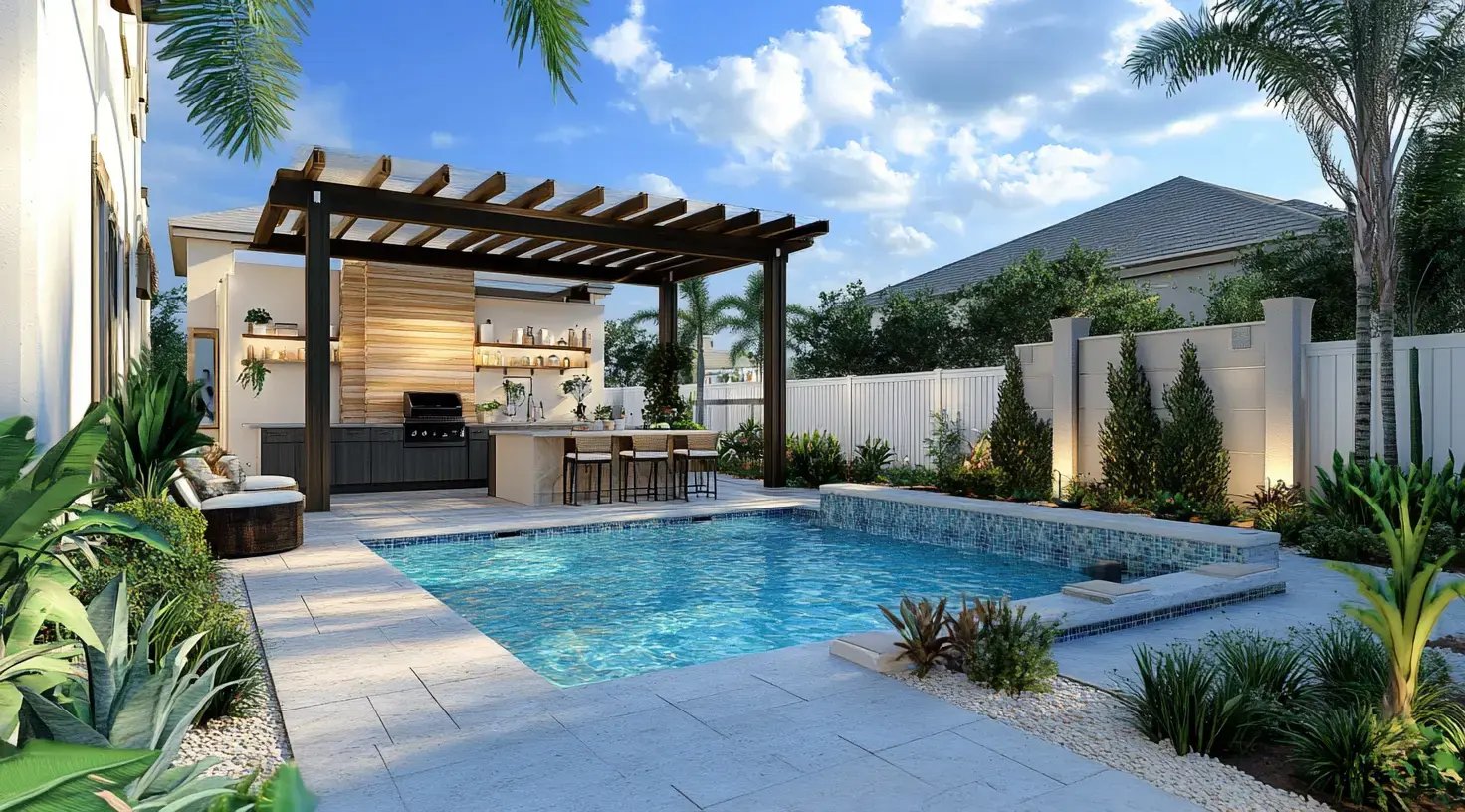 Aerial view of a bright blue swimming pool in a modern San Diego backyard with palm trees.