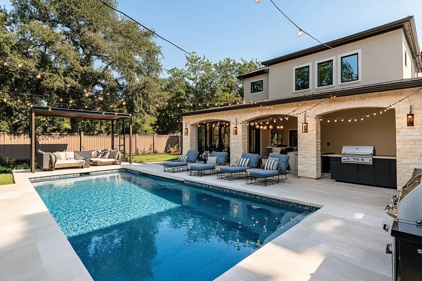 Blue swimming pool in a sunny San Diego backyard surrounded by flowering plants.