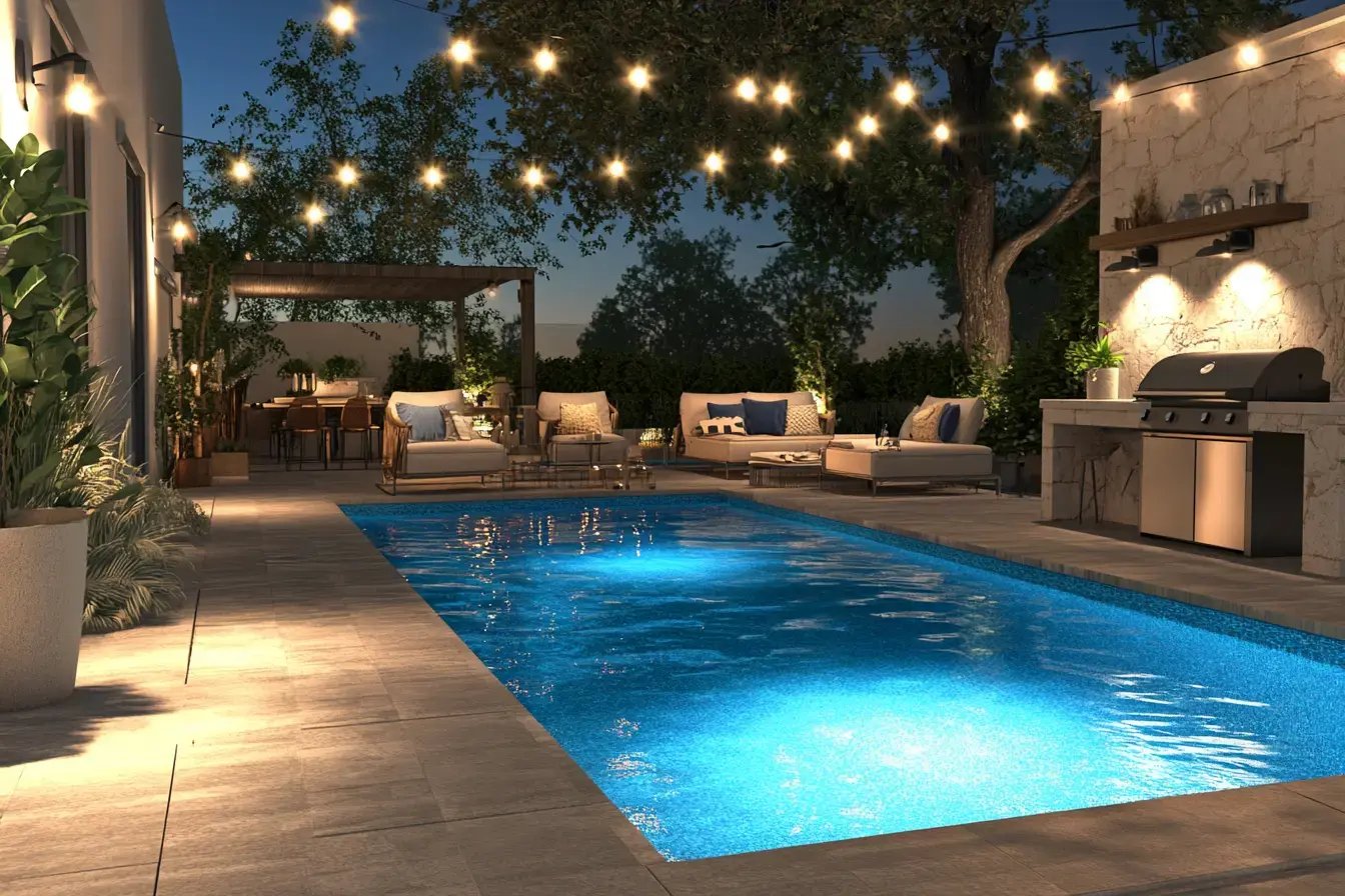 Sunlit San Diego backyard with a rectangular blue swimming pool and stone decking.