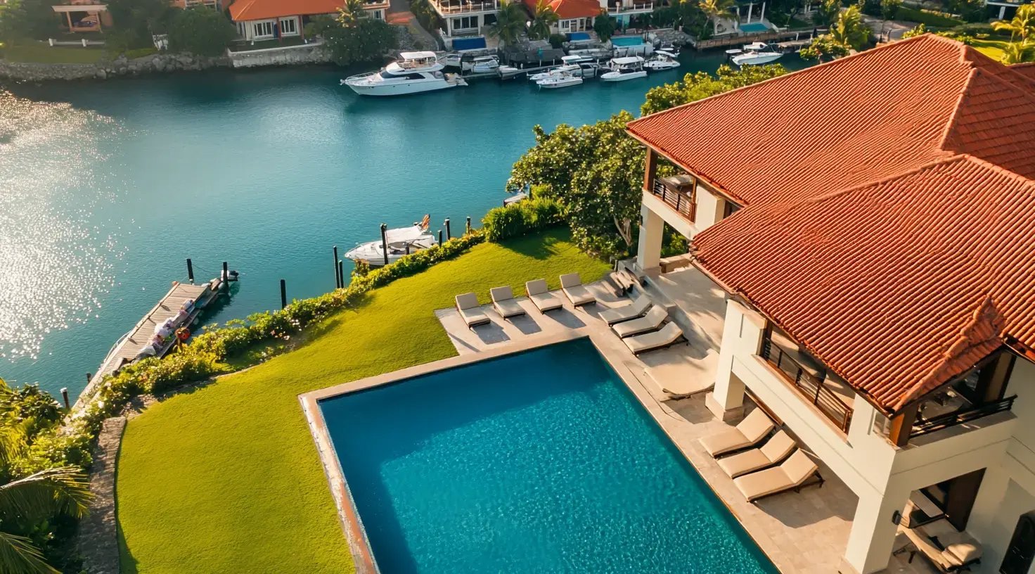 San Diego home featuring a sparkling blue pool surrounded by luxury patio furniture.