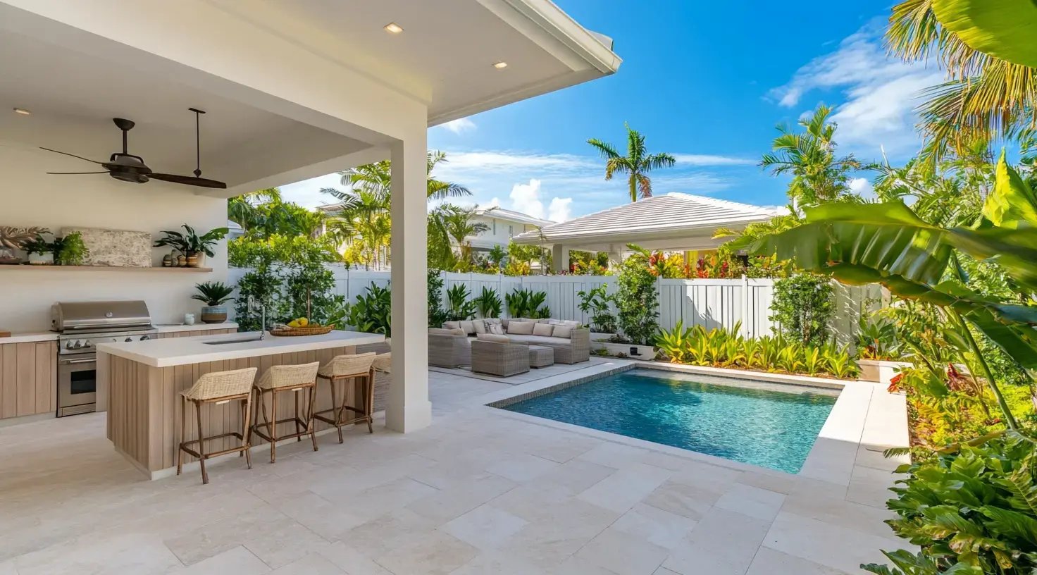 Modern San Diego home backyard with a serene blue pool and wooden deck.