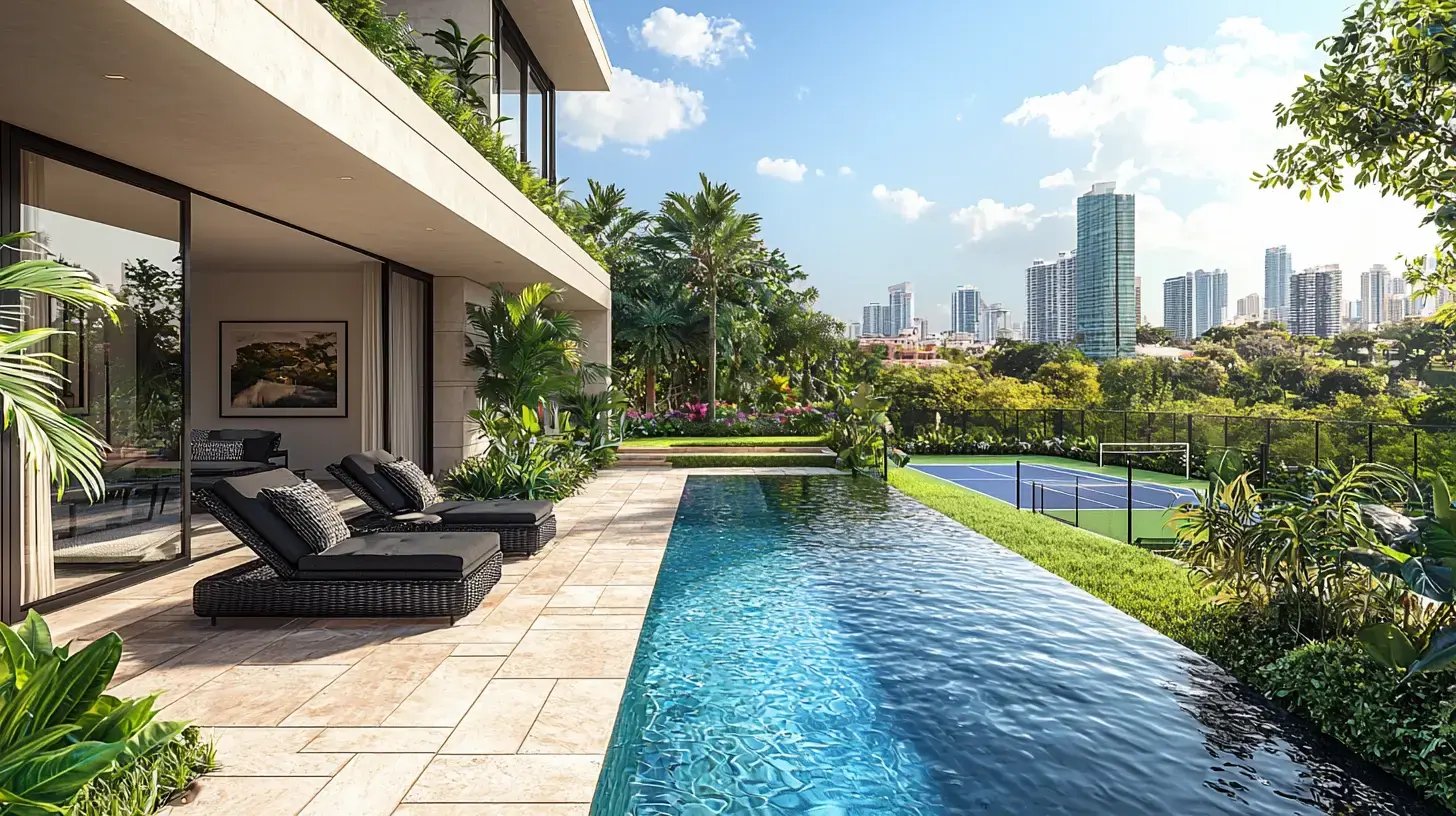 Overhead shot of a San Diego backyard featuring a custom-shaped blue swimming pool.