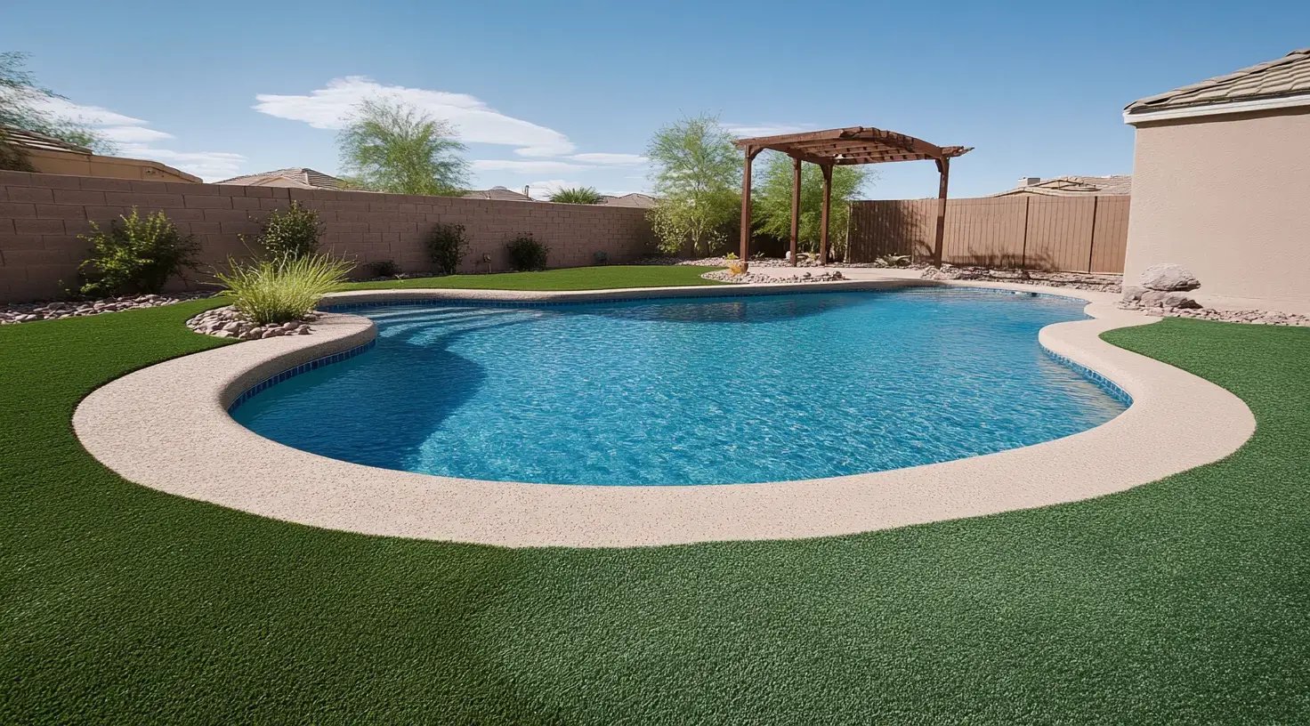 San Diego backyard oasis with a deep blue pool, lush landscaping, and lounge chairs.