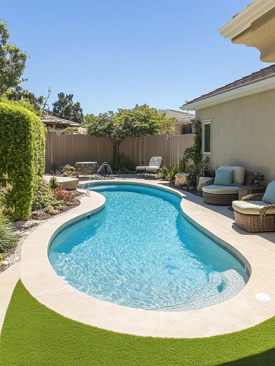 Twilight view of a blue pool in a San Diego home with ambient outdoor lighting.